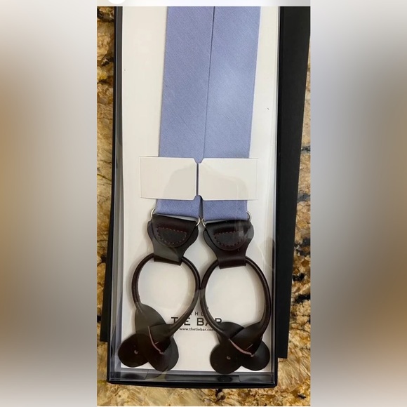 NWT The Tie Bar Suspenders Braces Belt Loop Light Blue Leather Trim - Picture 2 of 4